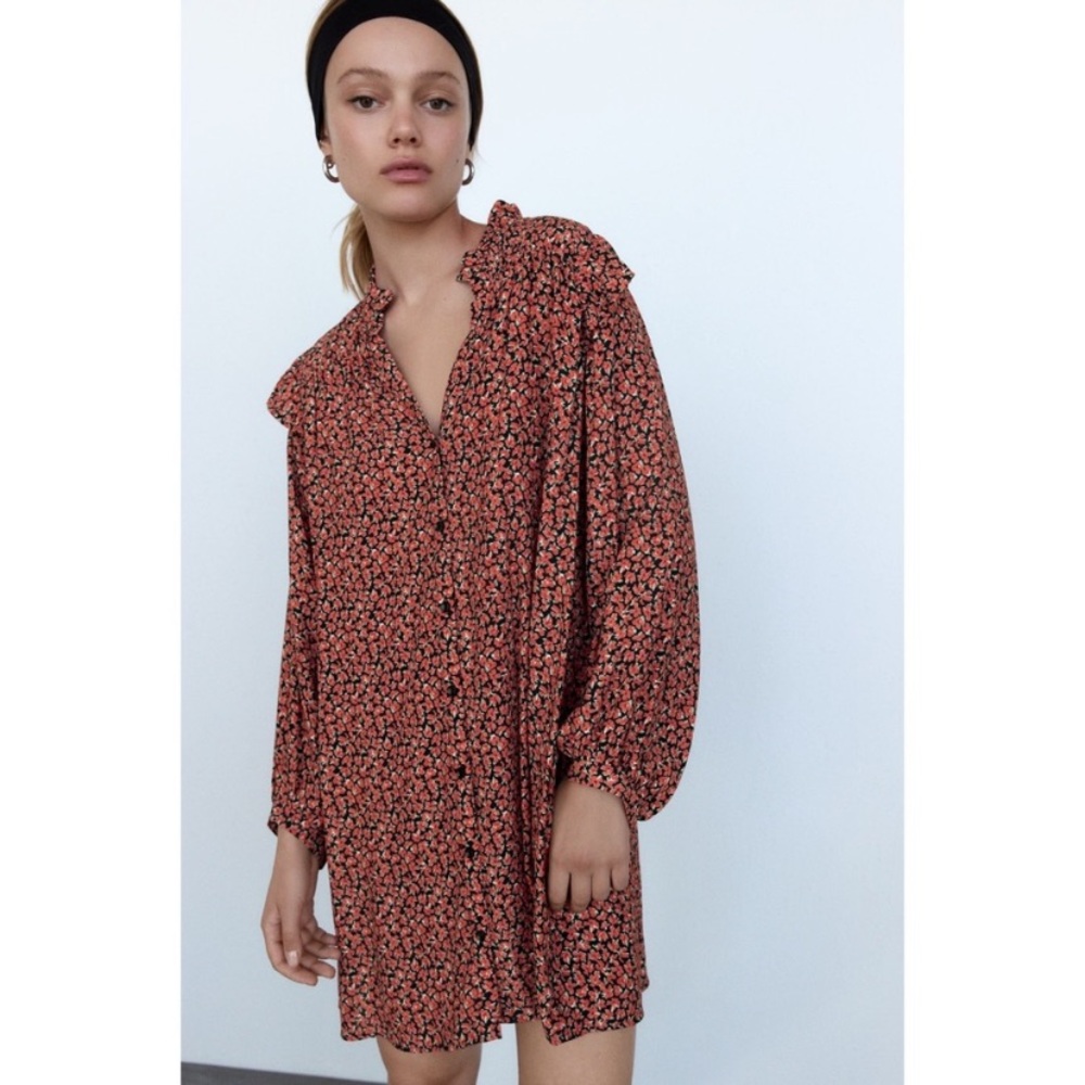 ZARA Long Sleeve Floral Ruffled Red Dress Size M